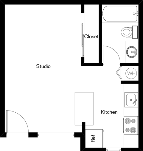 A floor plan of a studio apartment with a kitchen and a closet.